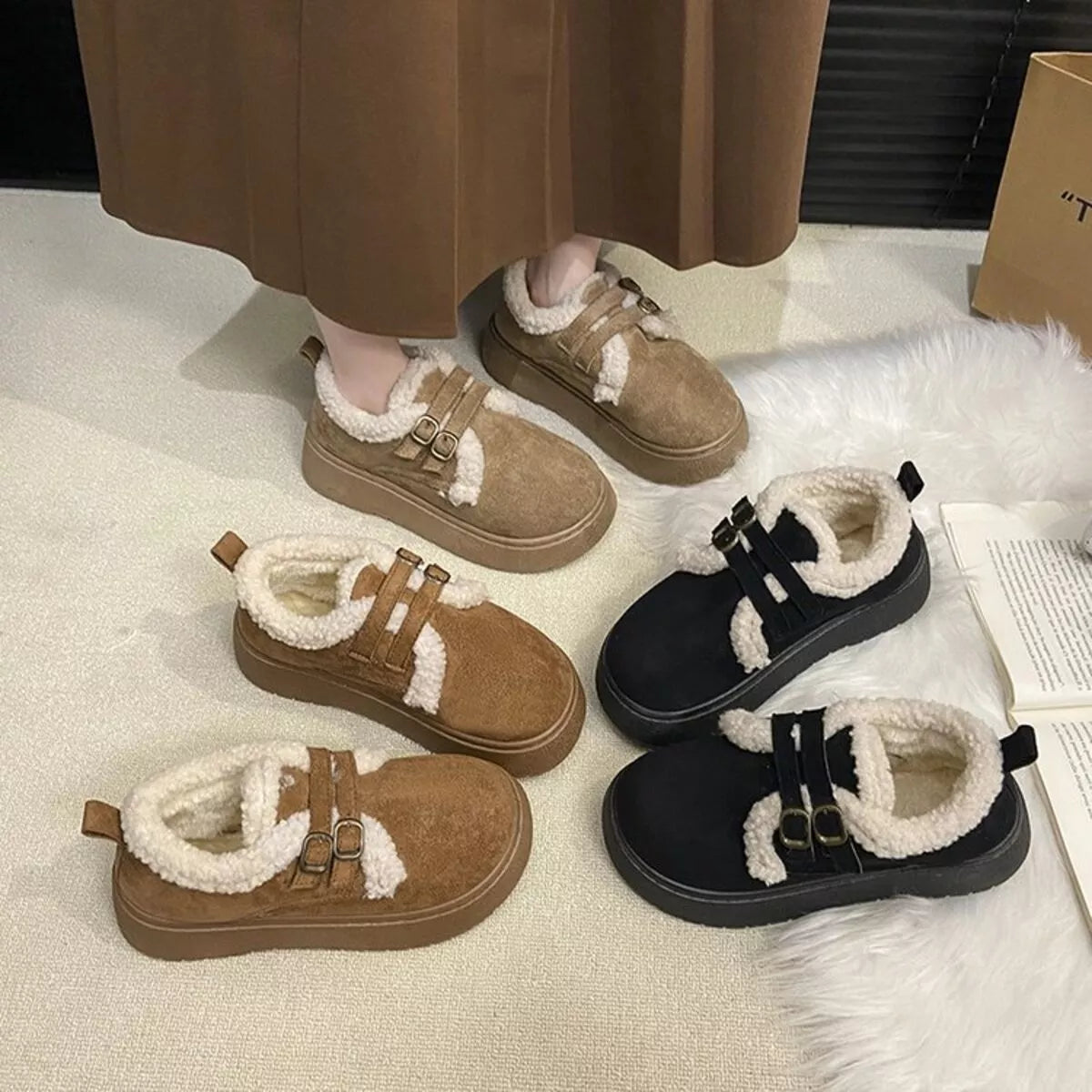 double buckle fur lined winter ankle boots front view