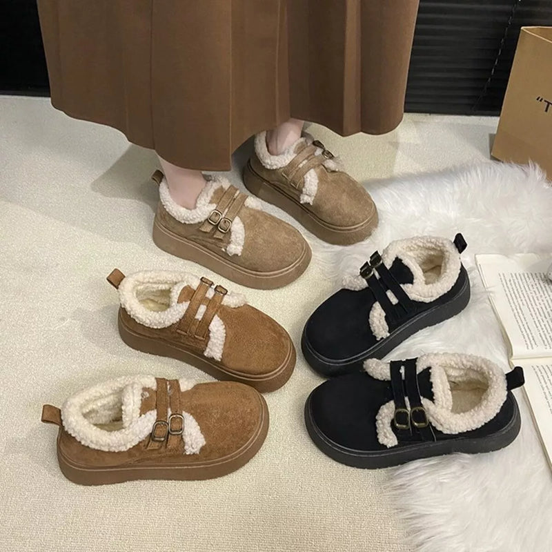 double buckle fur lined winter ankle boots front view