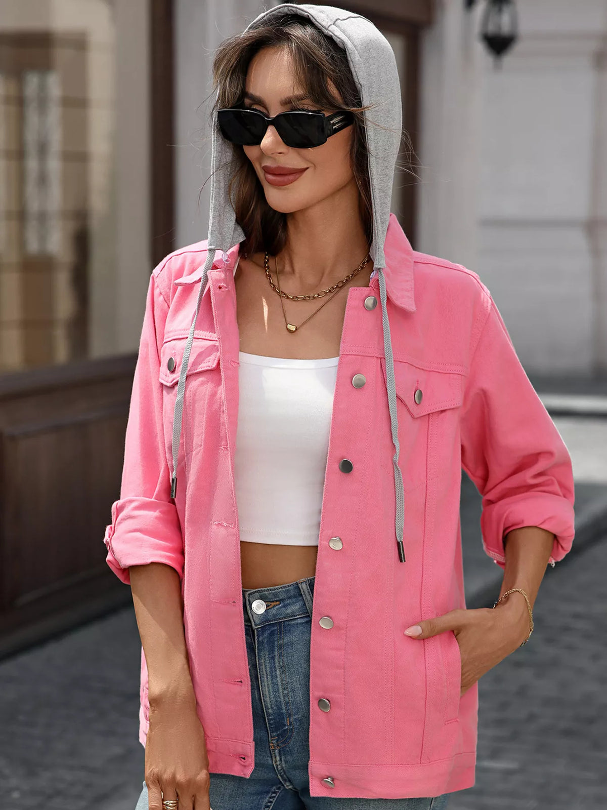 Button Up Denim Jacket in Dusty Pink side view