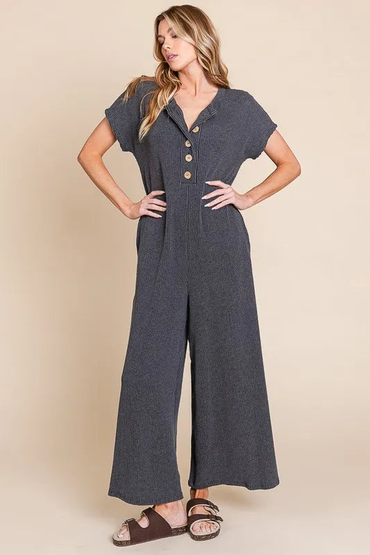 Rib Knit Jumpsuit with Button Detail side view