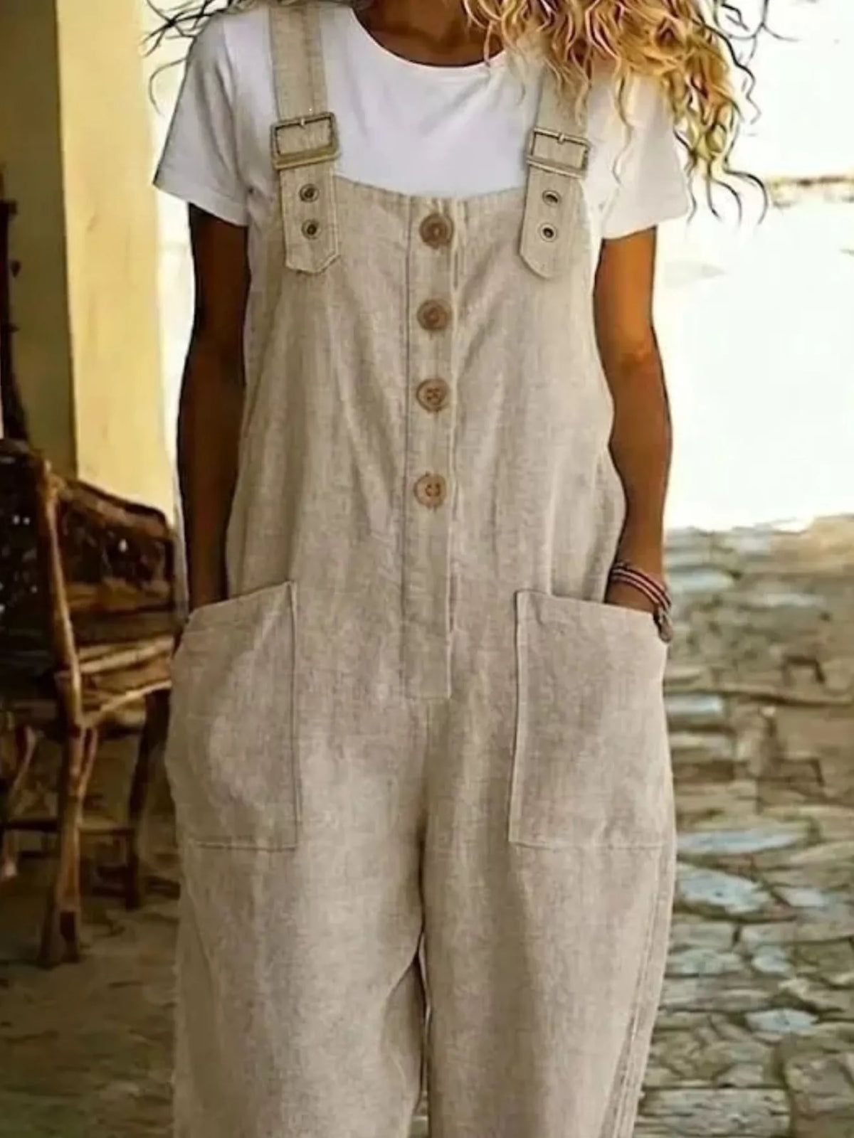 Button front wide leg overalls angled view