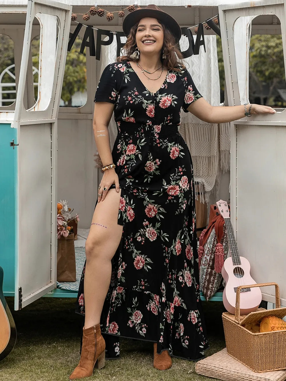 Plus size black button detail V neck maxi dress, back view
