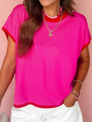 Contrast Trim Round Neck Short Sleeve Sweater Hot Pink - Fashorio