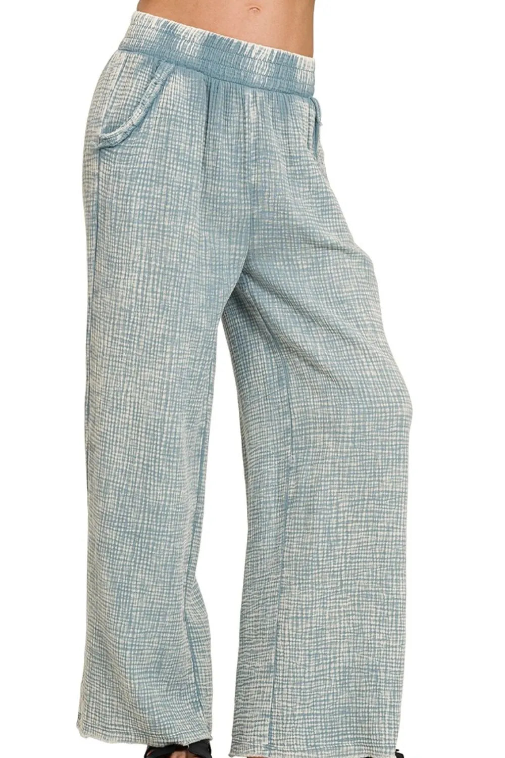 Zenana Washed Double Gauze Elastic Band Waist Pants BLUE GREY - Fashorio