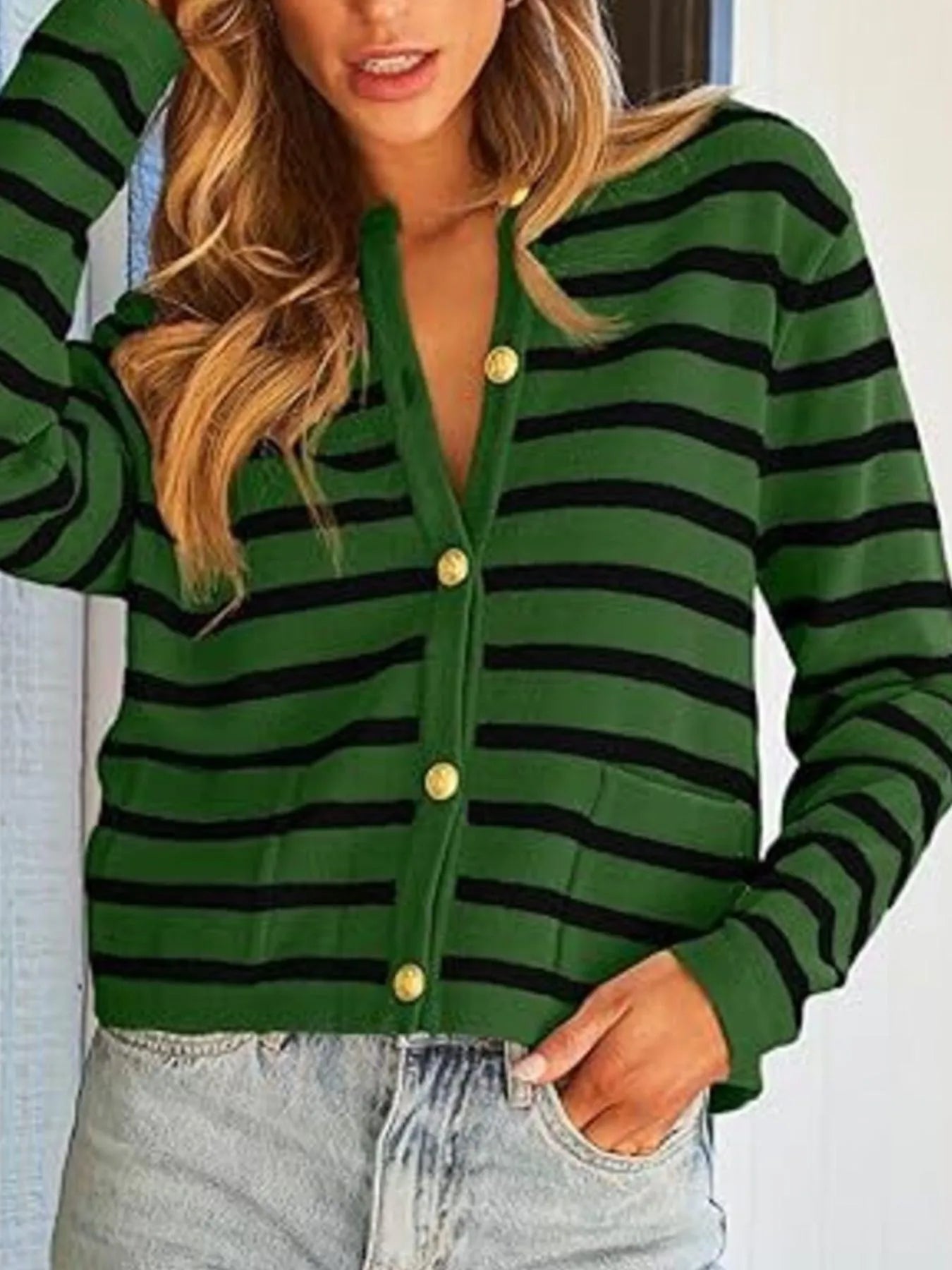 Striped Button-Up Cardigan Green & Black - Fashorio