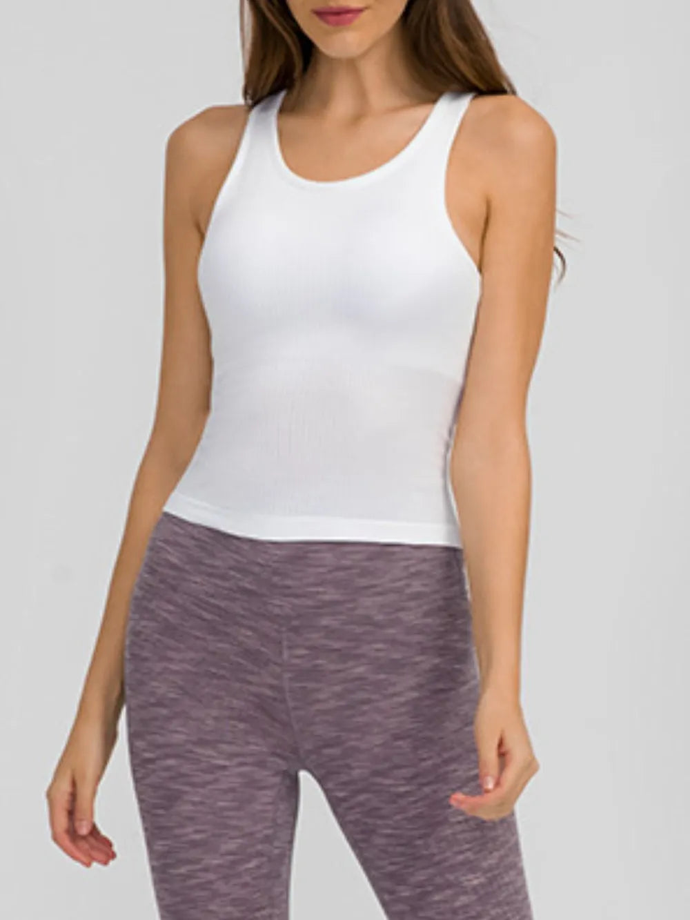 Round neck racerback padded active tank profile view