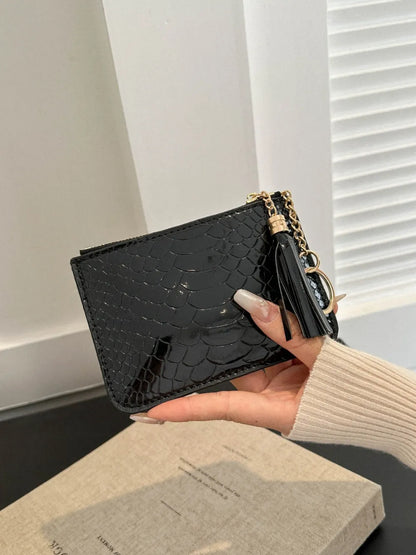 PU Leather Tassel Trim Card Case Black One Size - Fashorio