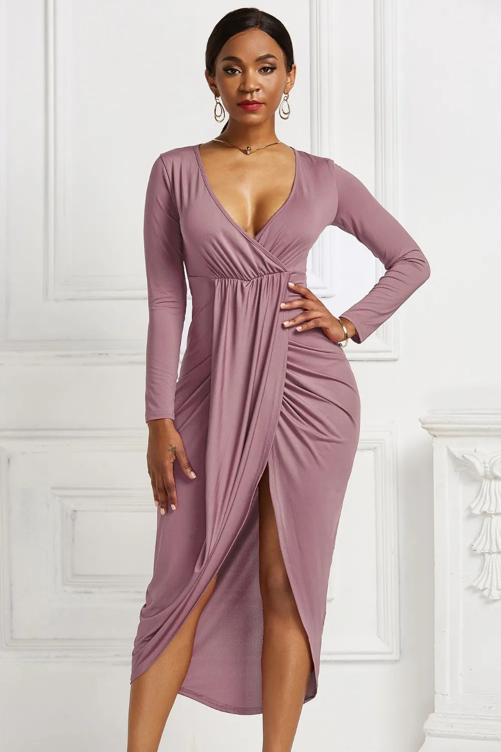 High Low Ruched Surplice Long Sleeve Dress, view 26