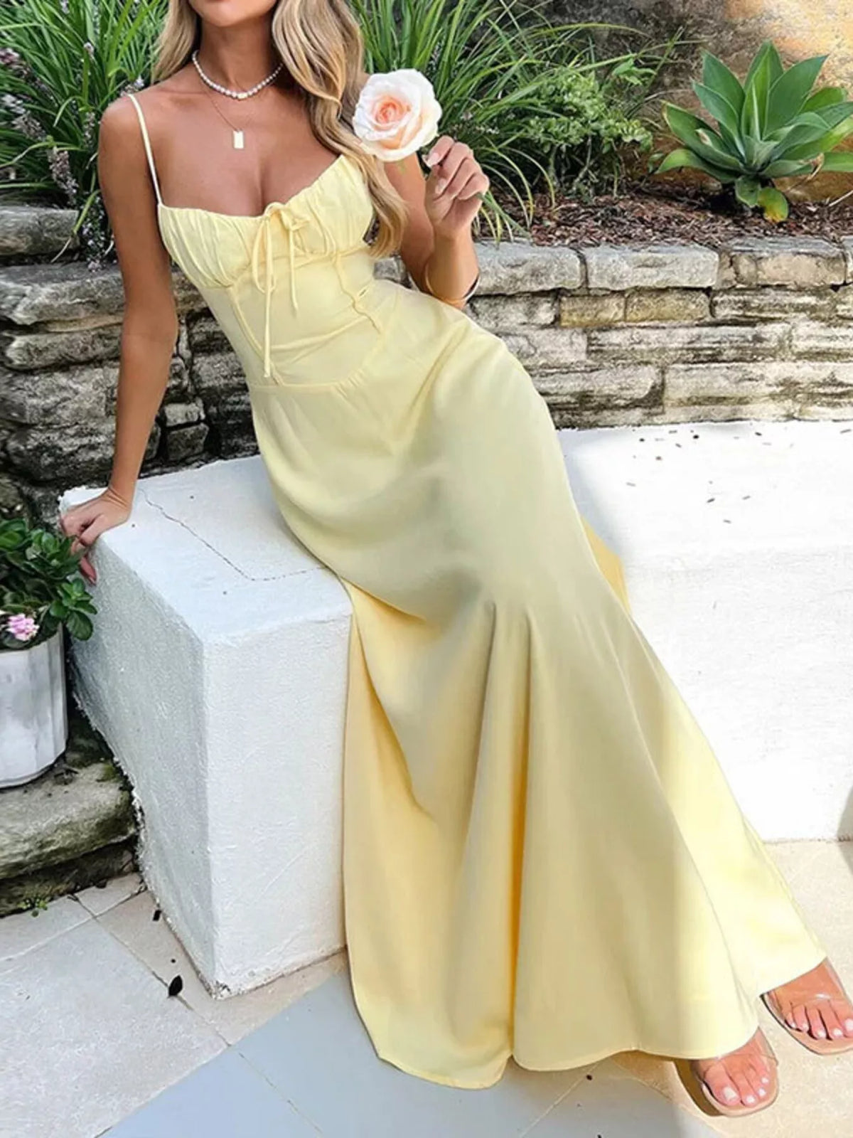 tie front spaghetti strap maxi dress front view