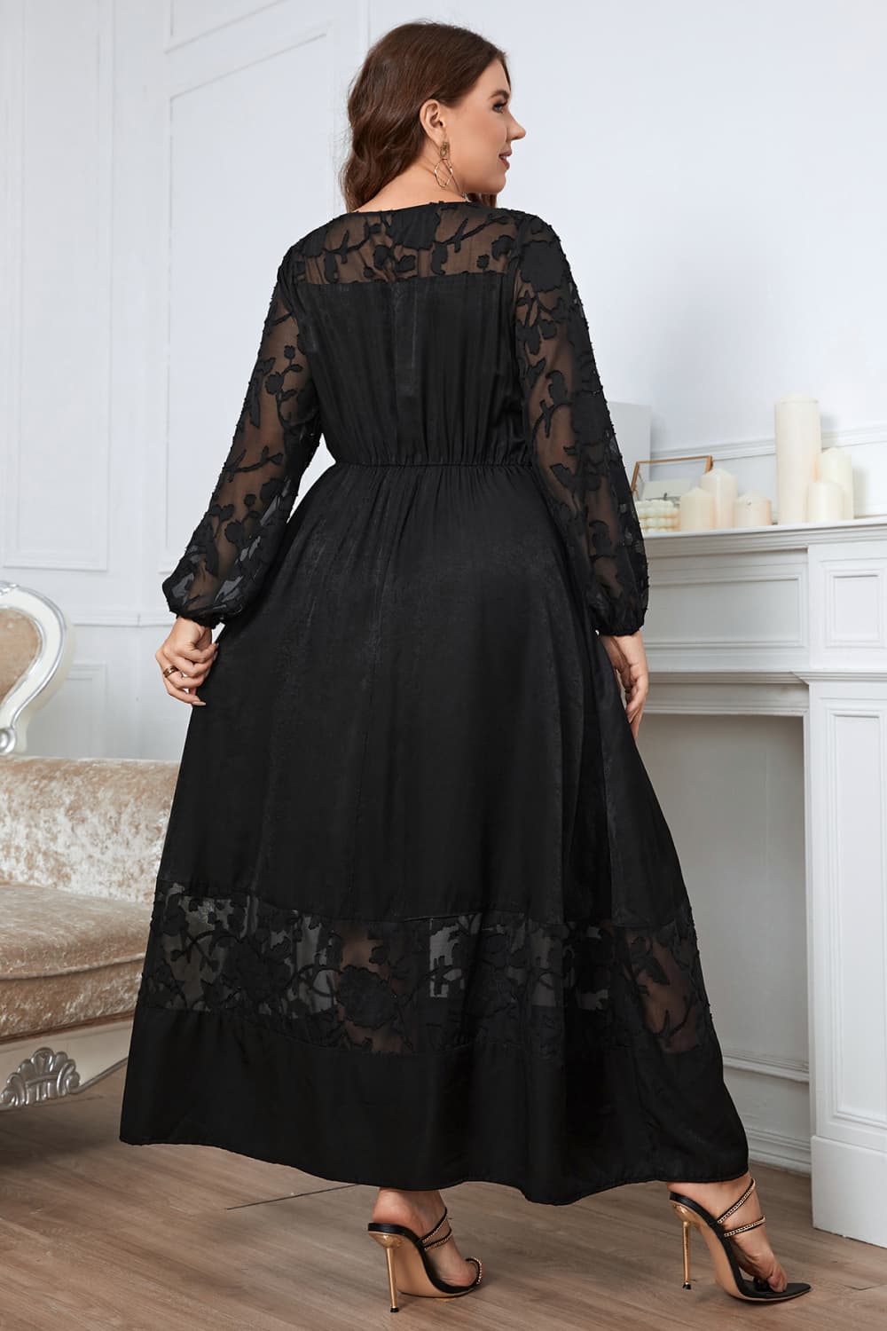 Black embroidered round neck long sleeve maxi dress side view