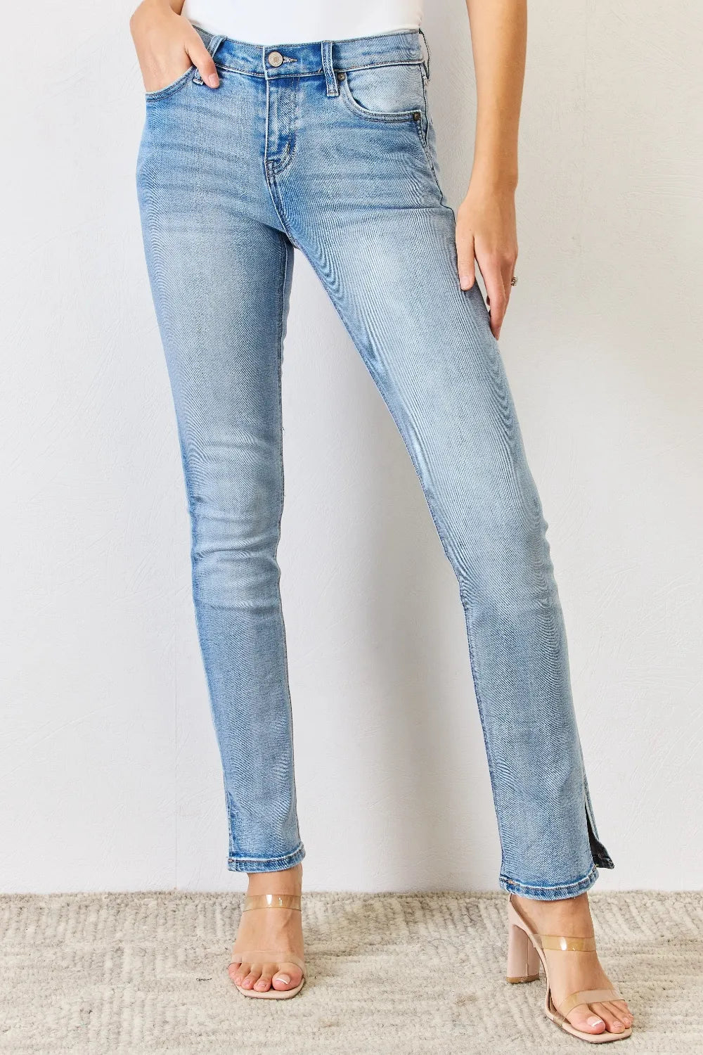 Mid rise slit bootcut jeans front view