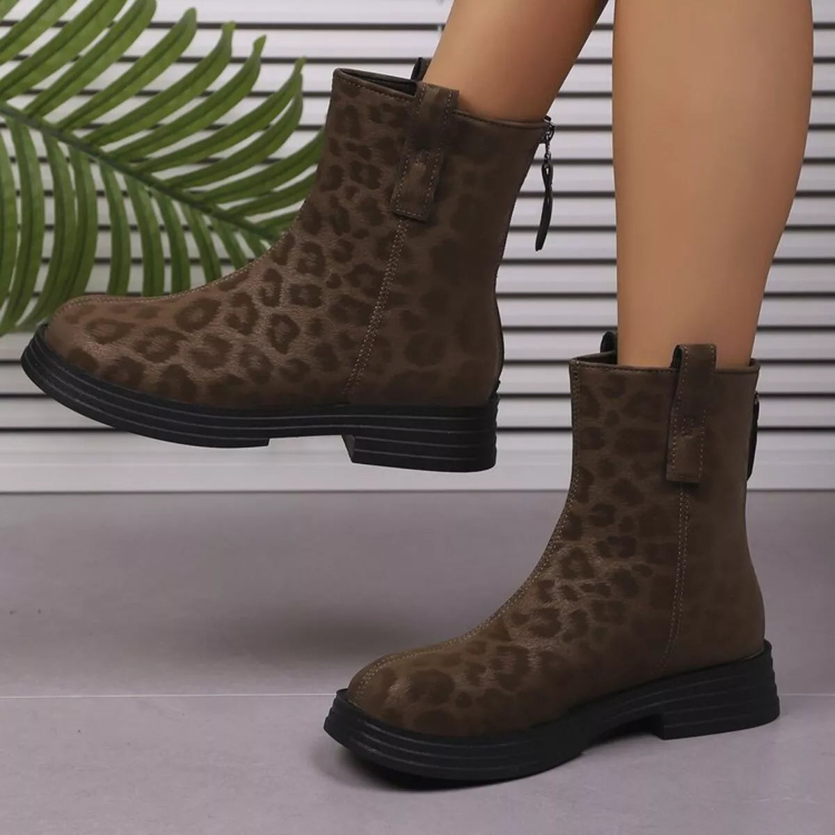 leopard round toe block heel boots back view