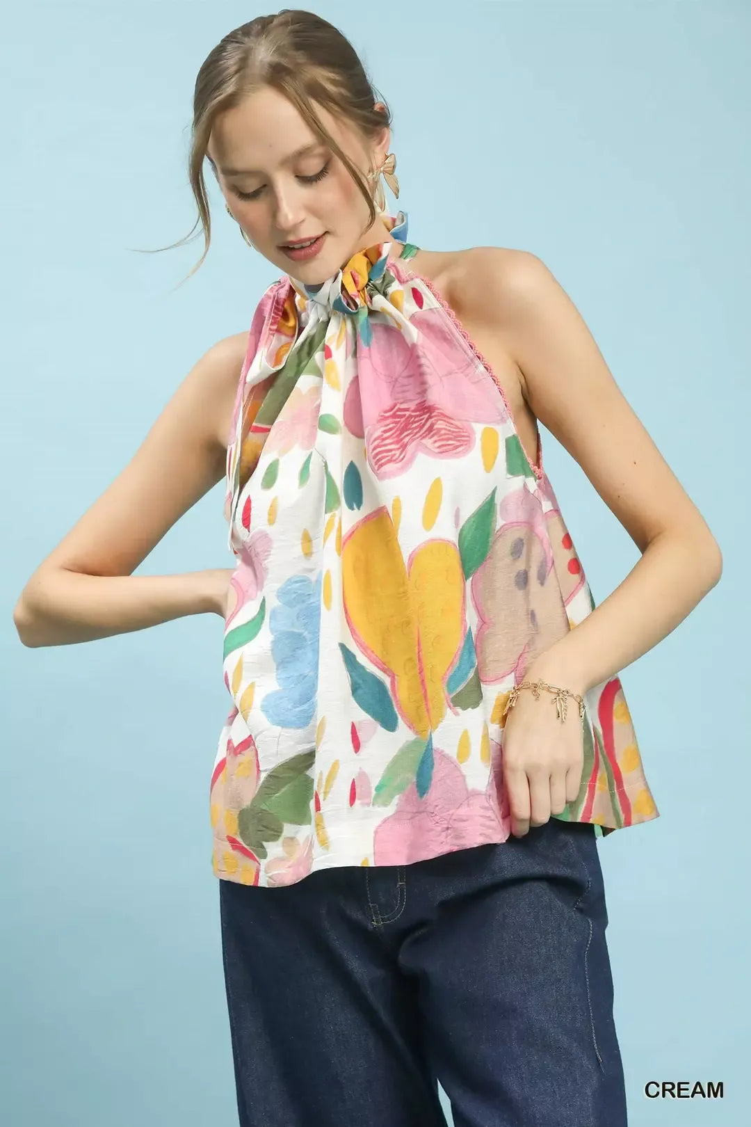 Umgee cream floral halter neck boho top front view