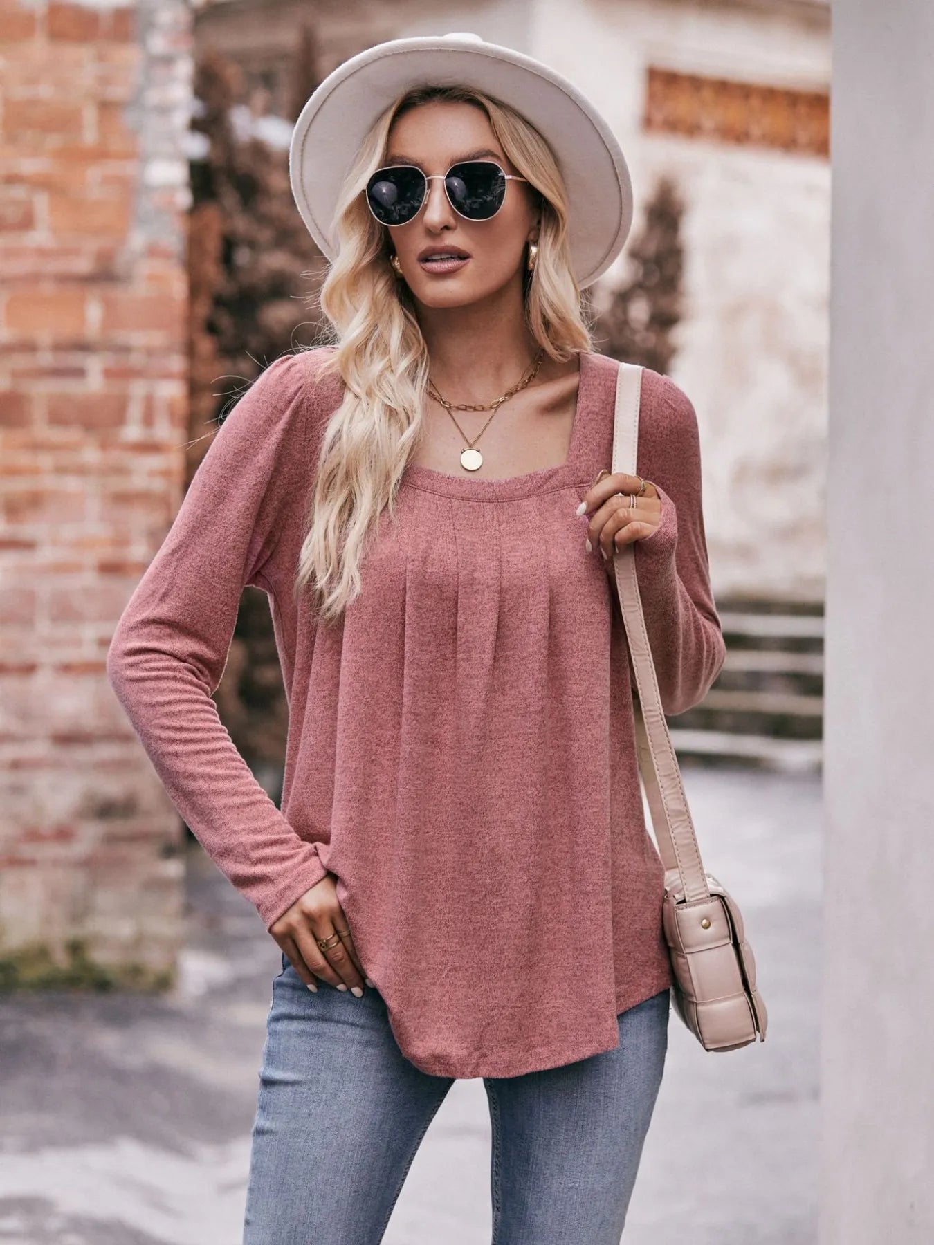 Square Neck Long Sleeve T-Shirt Dusty Pink - Fashorio