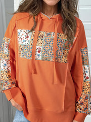 Floral Patchwork Hoodie with Drawstring Tangerine - Fashorio
