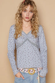 POL Floral V-Neck Long Sleeve T-Shirt Gray - Fashorio