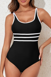Contrast Trim Scoop Neck One-Piece Swimwear Black - Fashorio