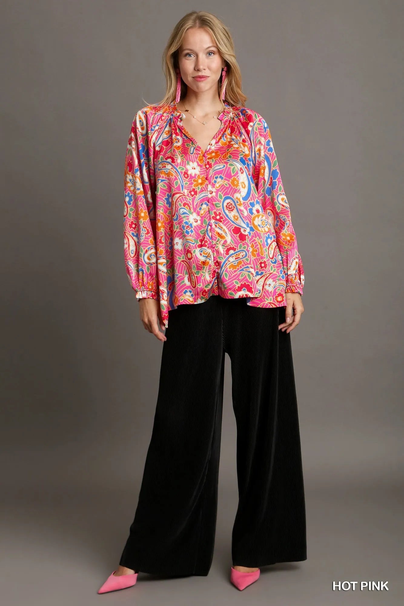 Umgee Full Size Satin Paisley Ruffle Neck Button-Up Shirt Plus Size - Fashorio