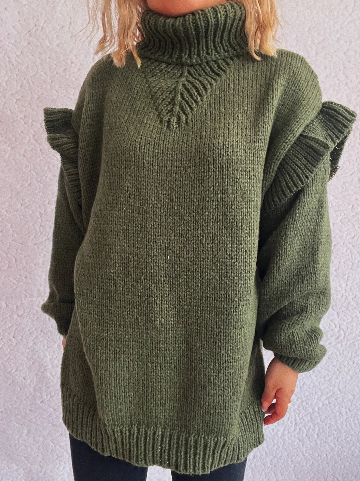 Ruffled turtleneck long sleeve sweater full length view