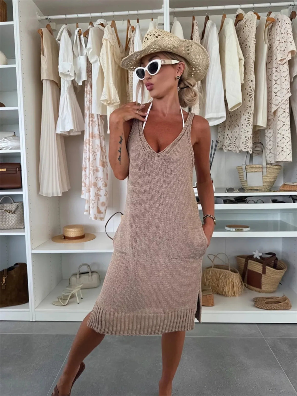Ribbed V neck sweater dress front view