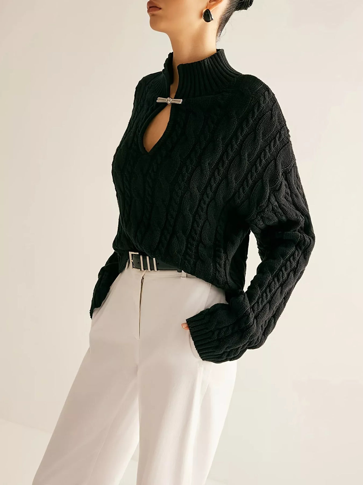Cozy black keyhole sweater full look