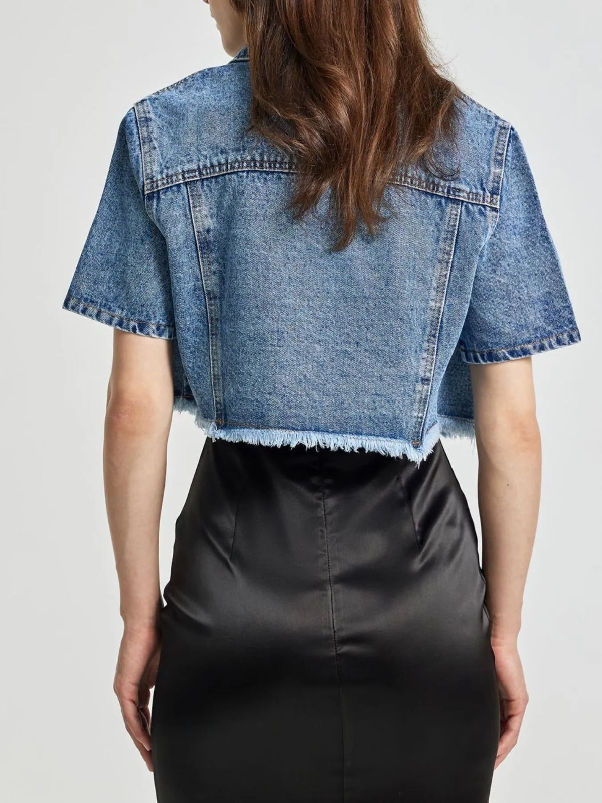 Cropped Short Sleeve Denim Jacket in Blue view 9