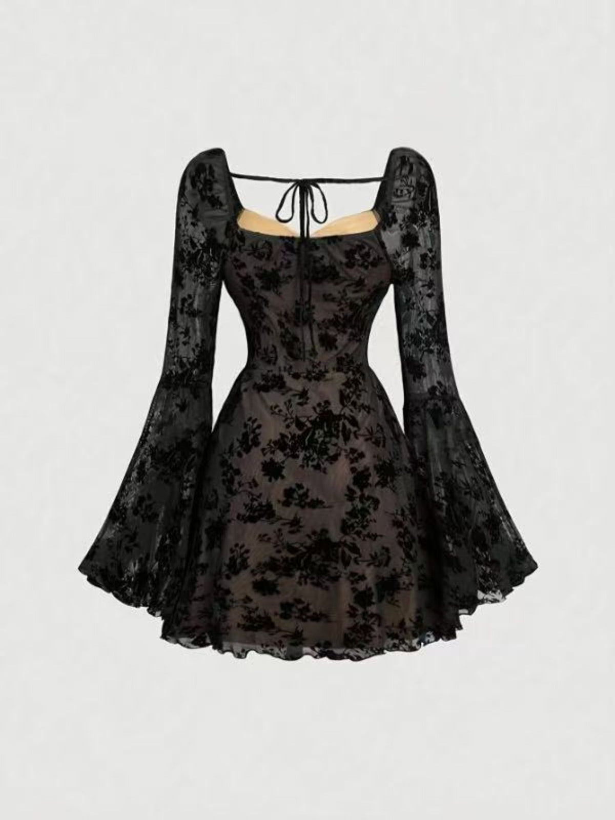 Lace flared sleeve mini dress in black back view