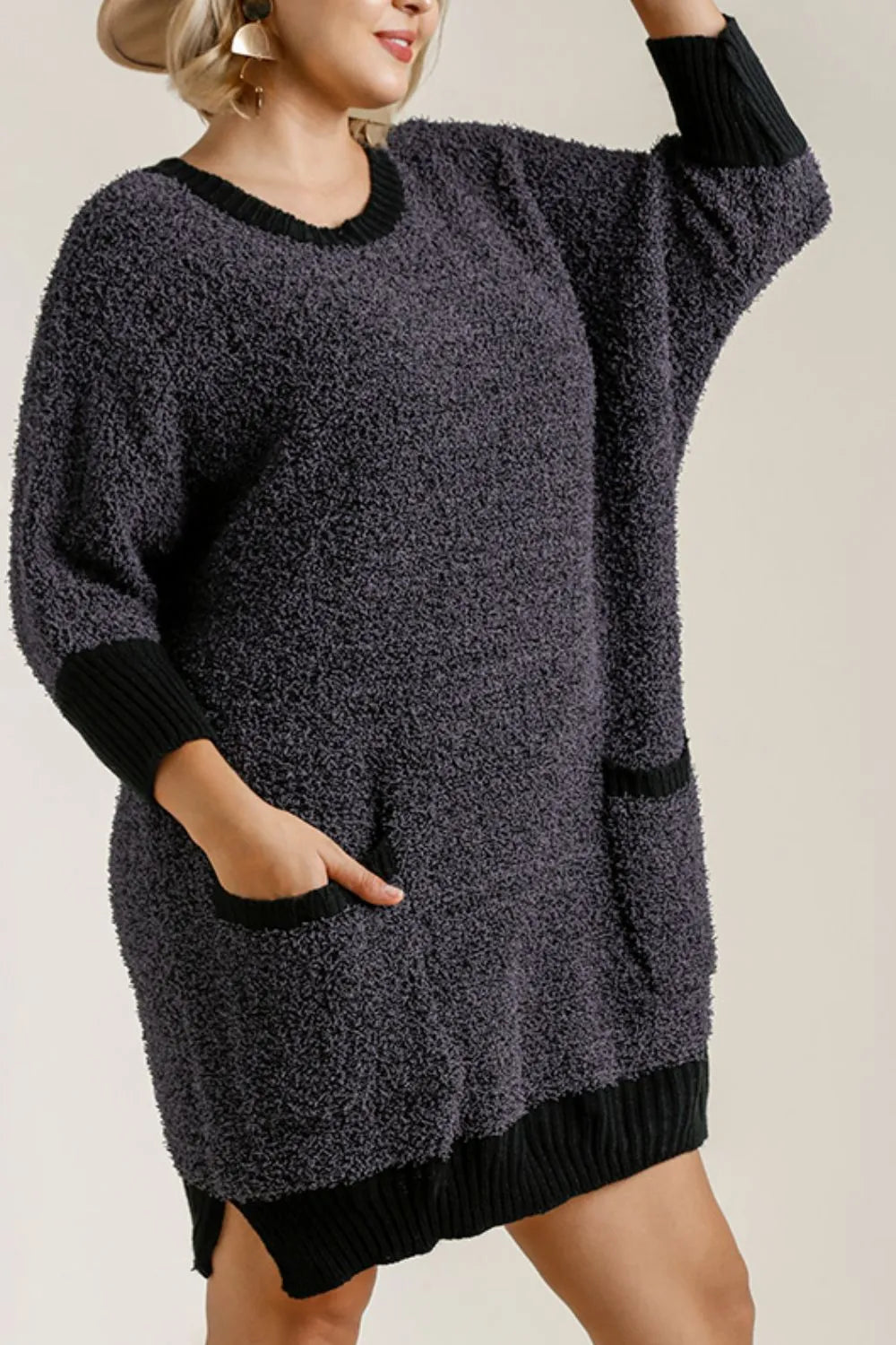 Ribbed Round Neck 3/4 Sleeve Sweater Dress with Pockets Plus Size styled look