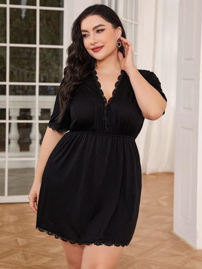 Plus Size Lace Trim Deep V Night Dress - Fashorio