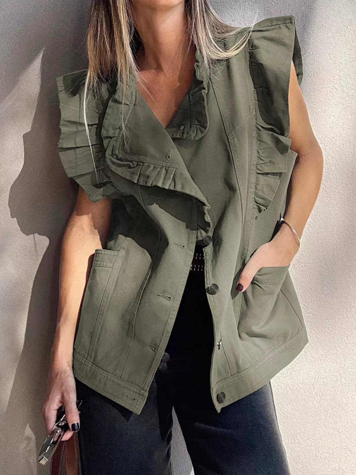 Ruffled Patchwork Denim Vest in Army Green side view