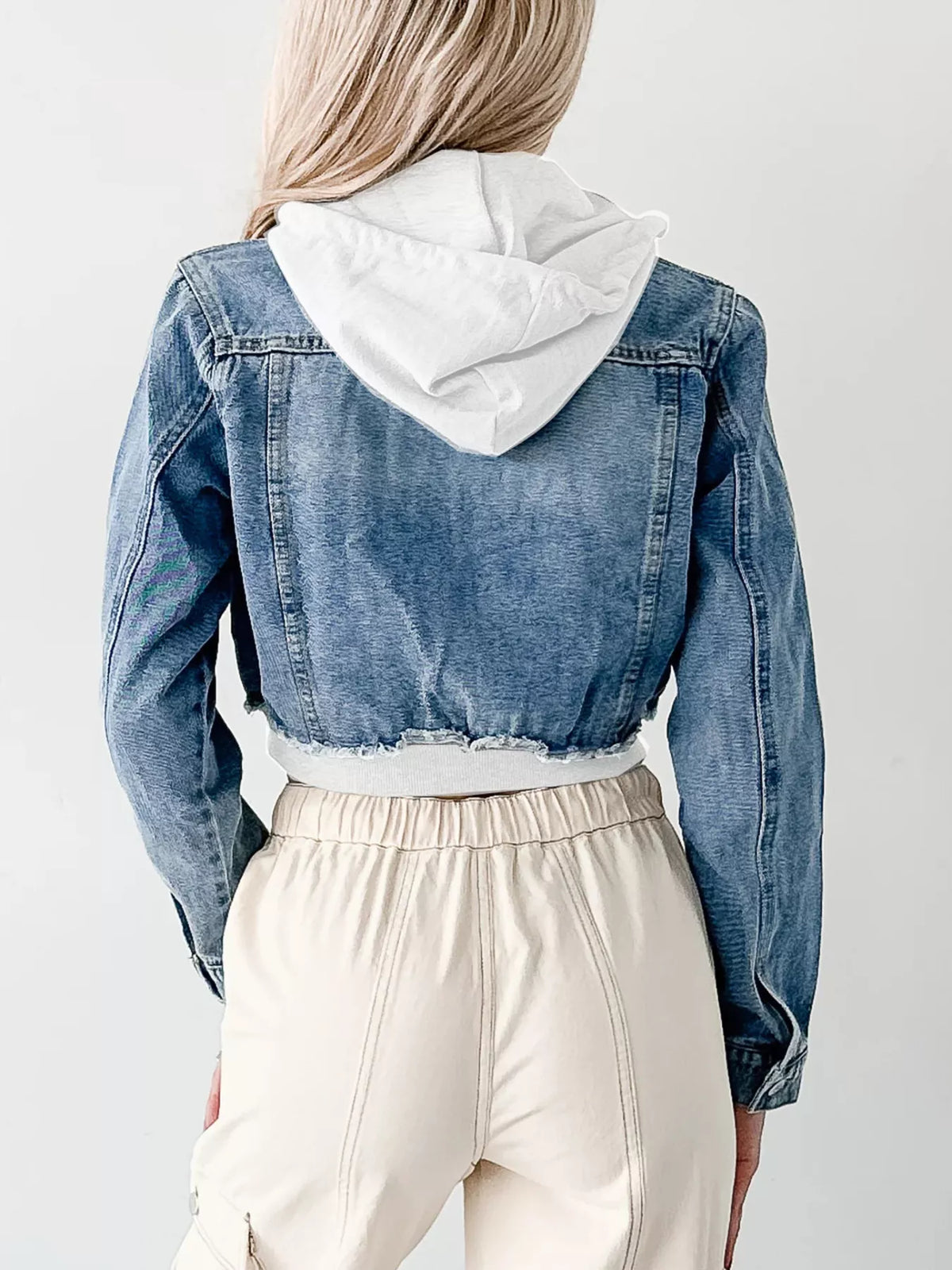 Distressed Cropped Hooded Denim Jacket in Light Blue view 12