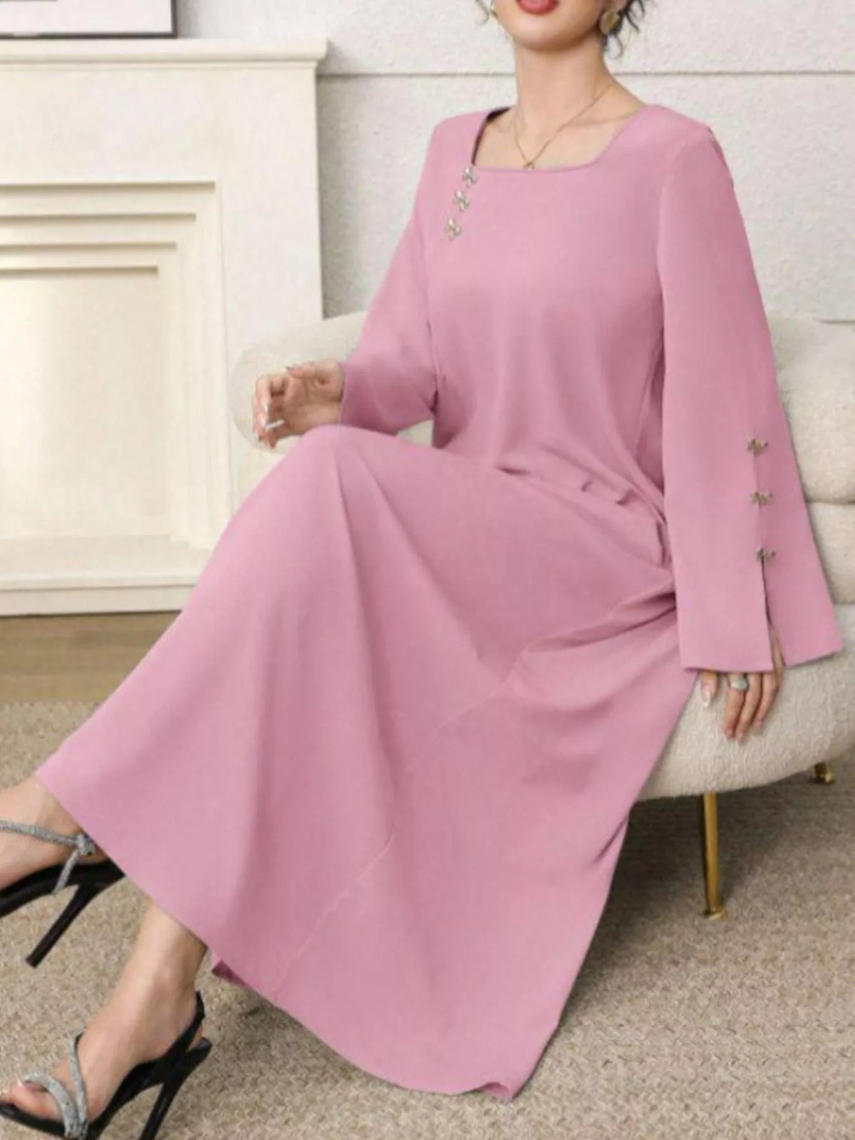 dusty pink square neck long sleeve maxi dress styled look