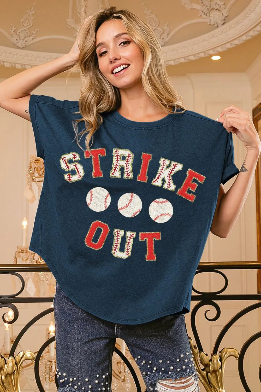 BiBi Strikeout Letter Patches Washed Short Sleeve Top DEEP NAVY RED - Fashorio