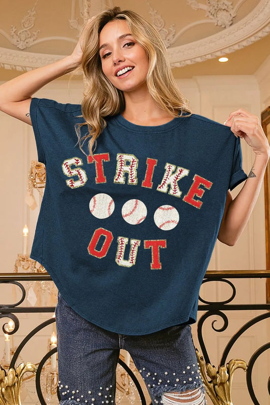 BiBi Strikeout Letter Patches Washed Short Sleeve Top DEEP NAVY RED - Fashorio