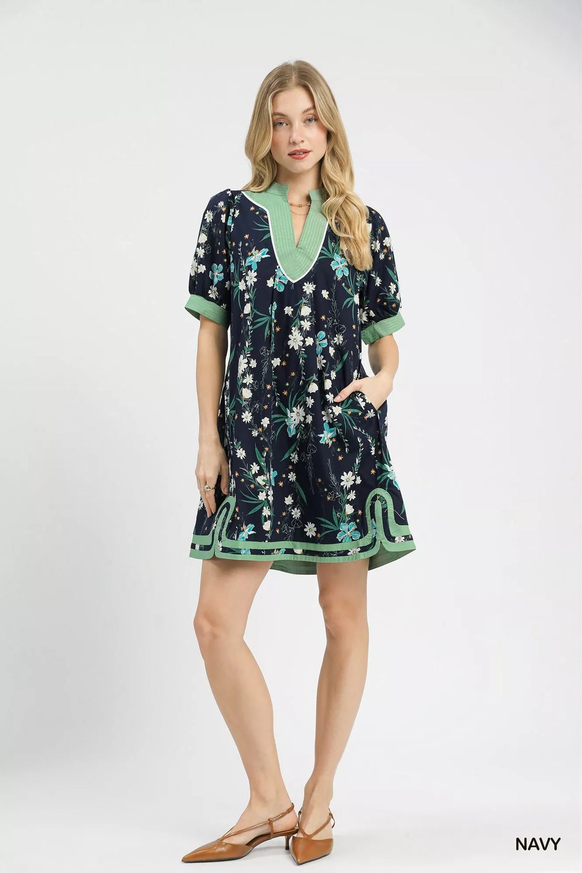Navy floral puff sleeve contrast trim dress detail view