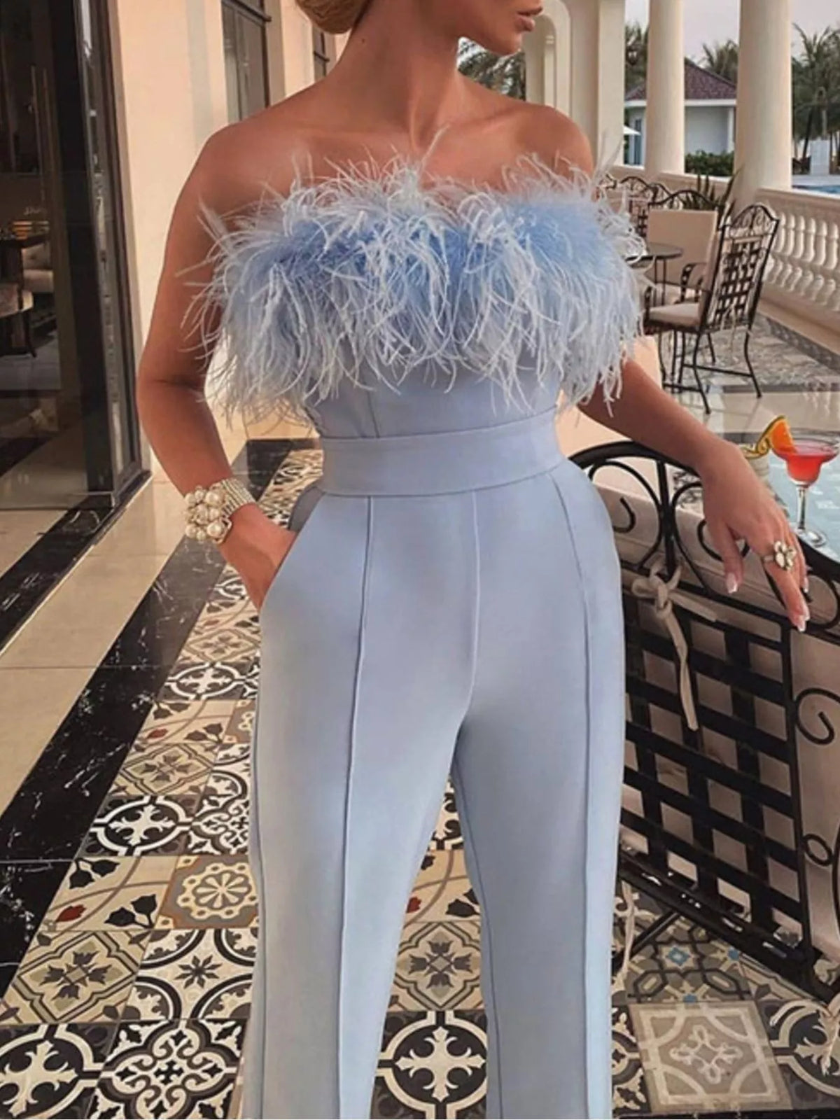 Feather trim strapless jumpsuit in black, front view