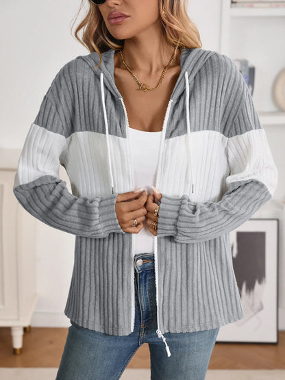 Drawstring Color Block Zip Up Outerwear - Fashorio