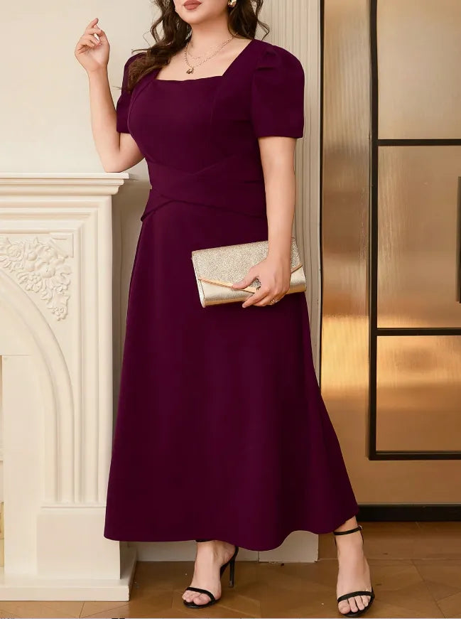 plus size square neck puff sleeve midi dress back view