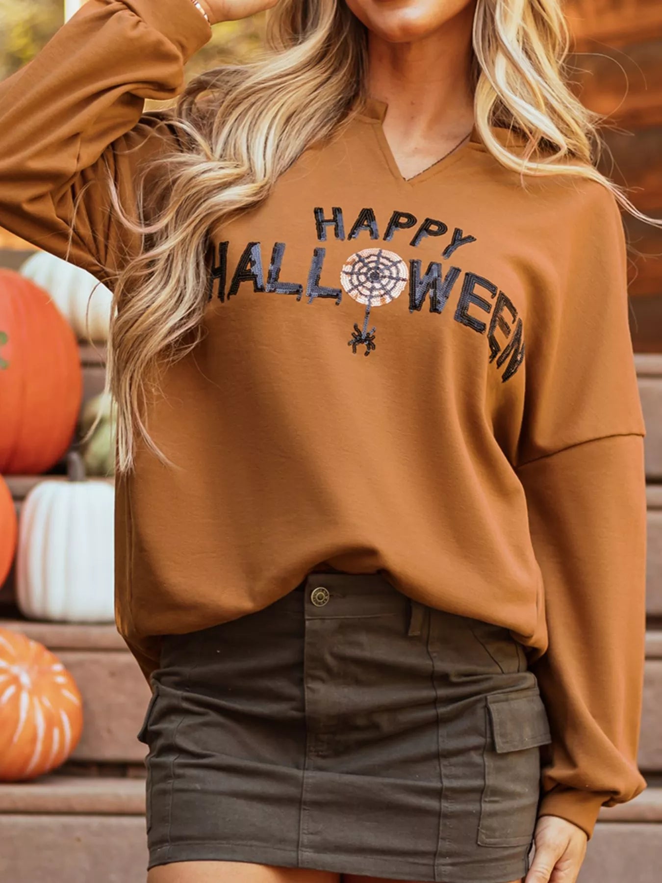 Happy Halloween Graphic Notched Long Sleeve Loose Top - Fashorio