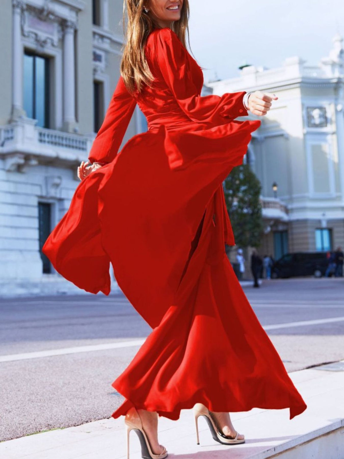 Plus size surplice long sleeve slit maxi dress fabric detail
