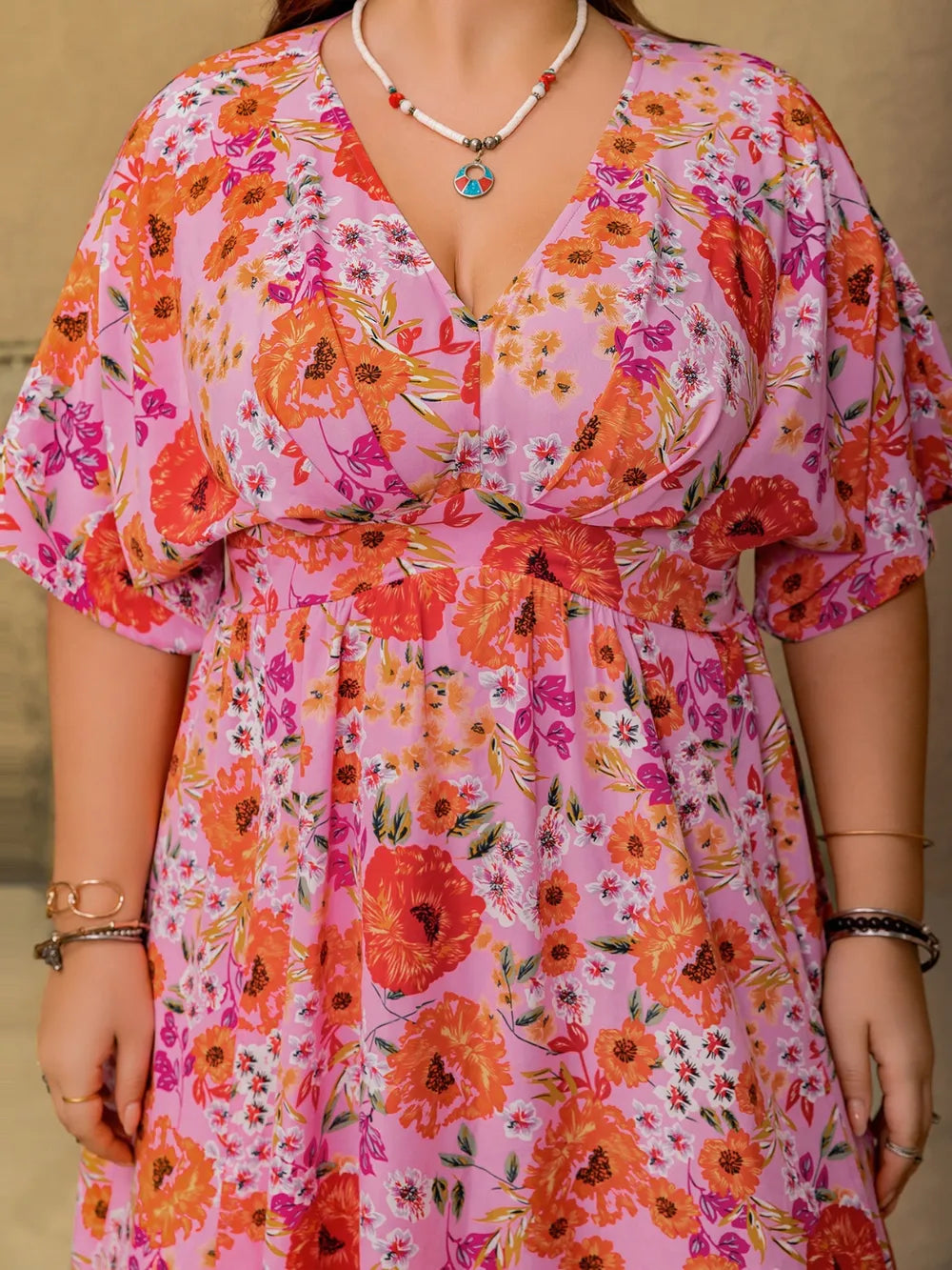 fuchsia plus size floral v neck half sleeve maxi dress styled view