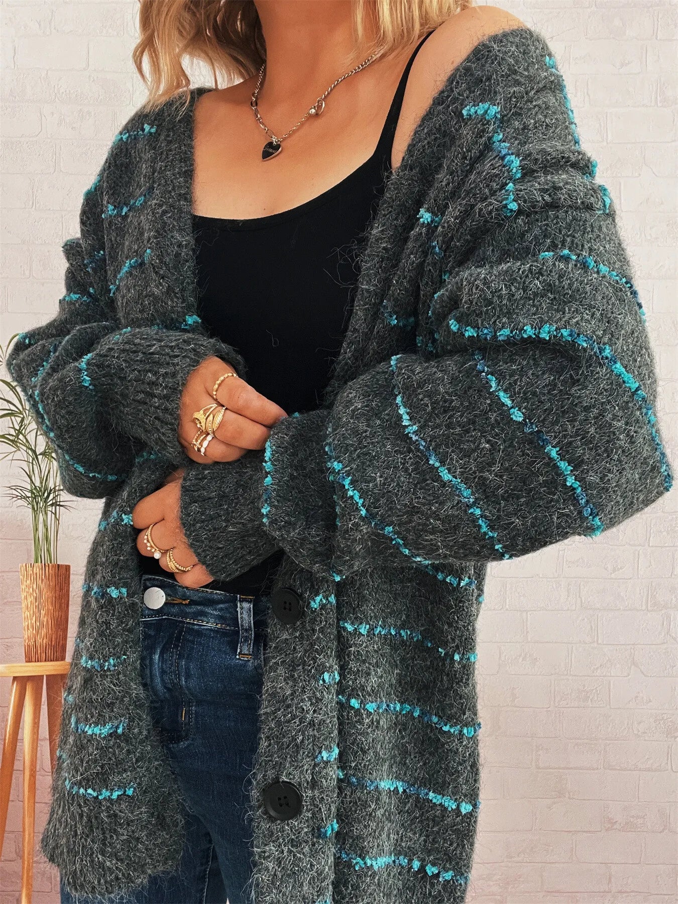 Striped Button-Up Cardigan with V-Neck Design - Fashorio