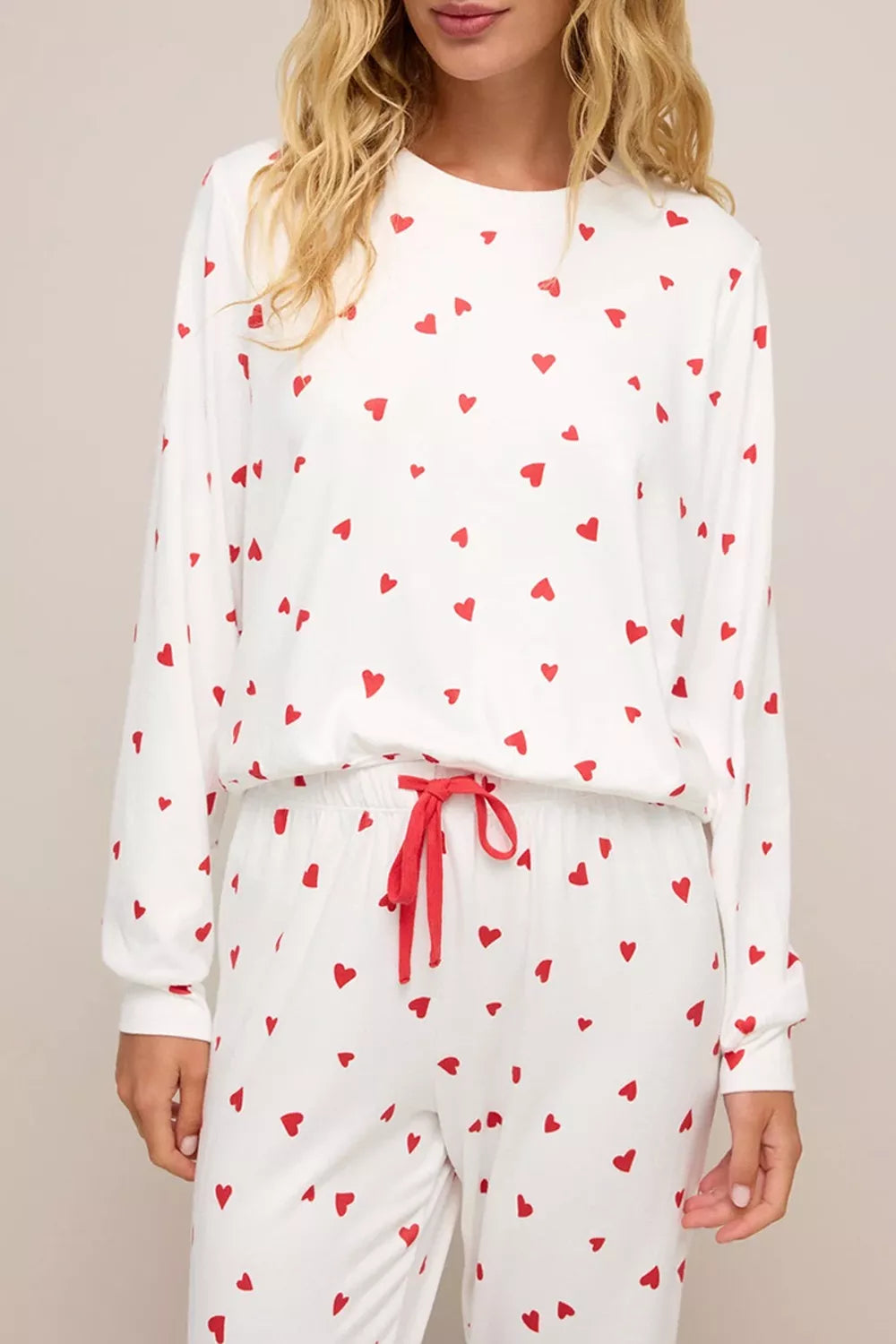 Hearts print long sleeve top and drawstring pants set front