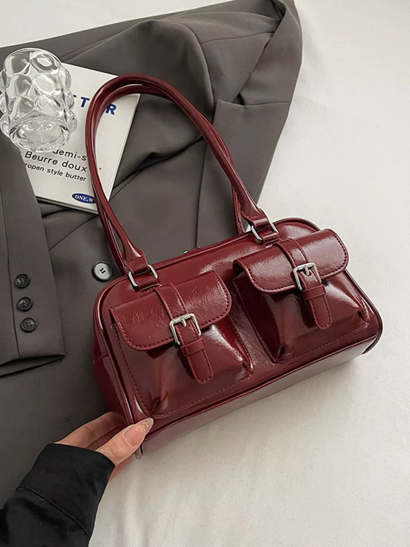 Deep red vintage buckle decor shoulder bag front view