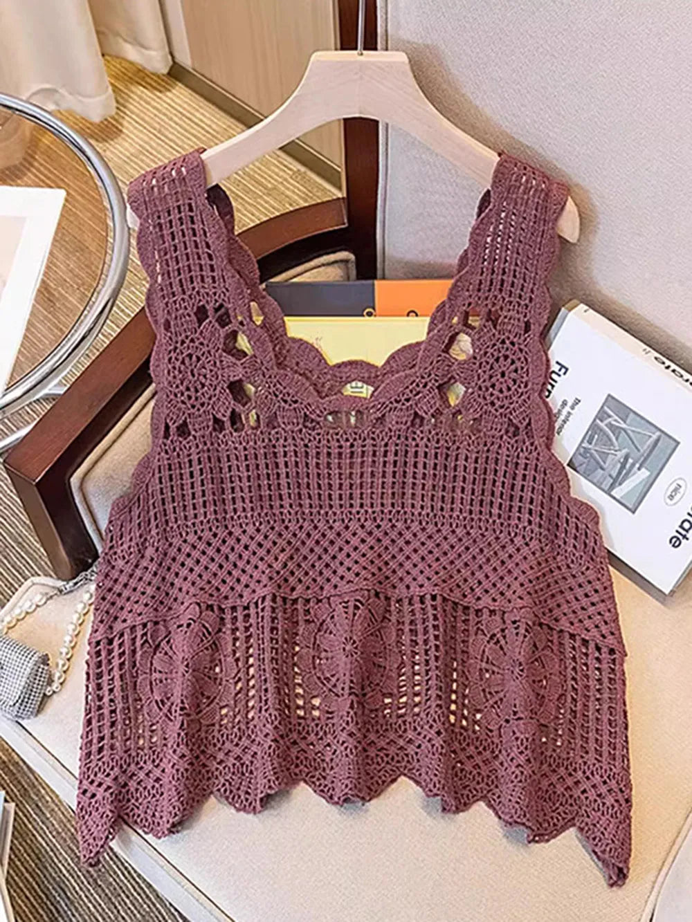 Openwork scoop neck tank top styling view