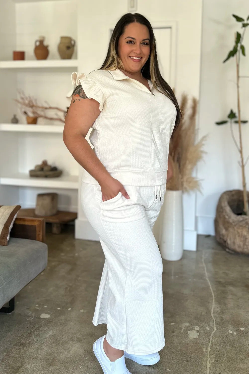 Double Take Full Size Texture Ruffle Short Sleeve Top and Wide Leg Pants Set - Fashorio