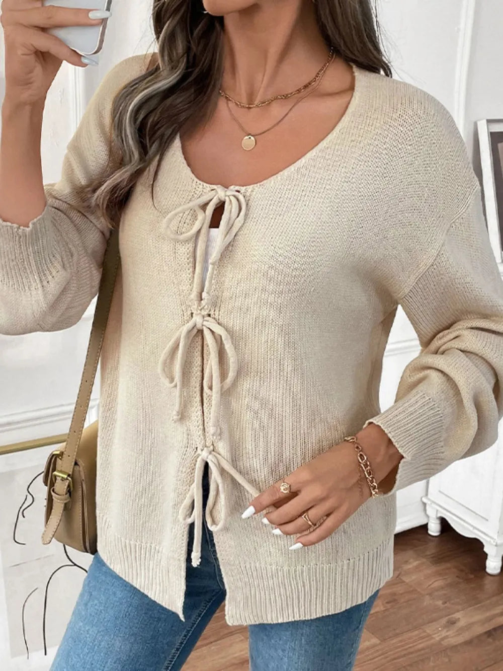 Perfee Tied Round Neck Long Sleeve Cardigan - Fashorio