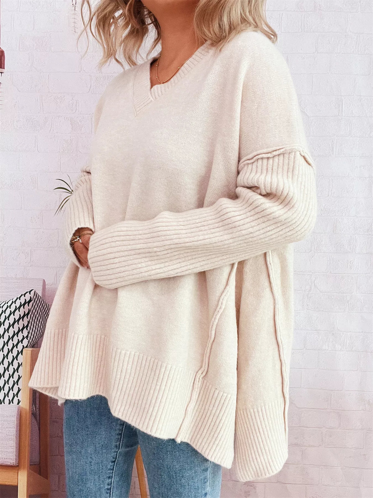 v neck dropped shoulder sweater knit detail