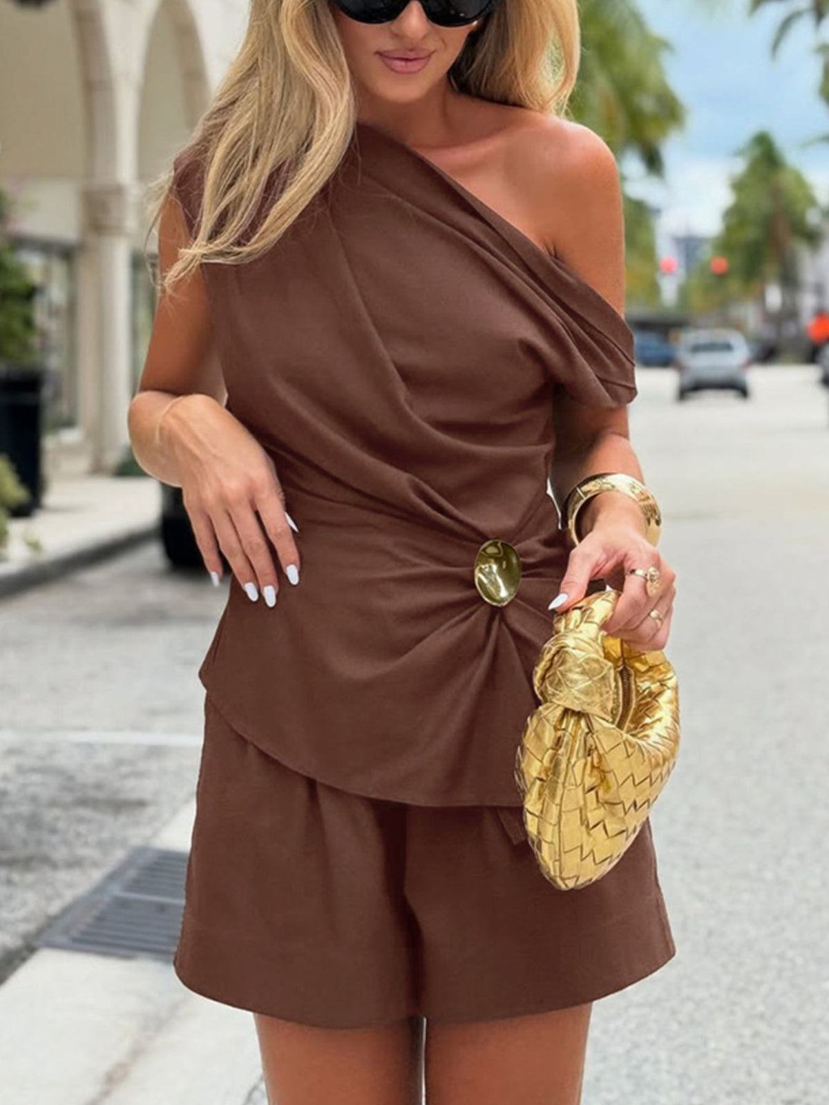 One shoulder top and shorts two piece set back view