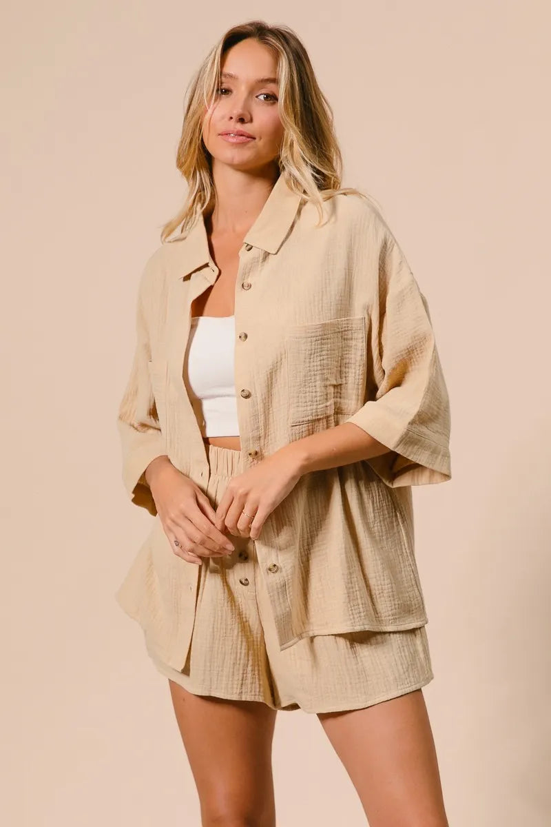 BiBi Crinkle Gauze Shirt and Short Set - Fashorio